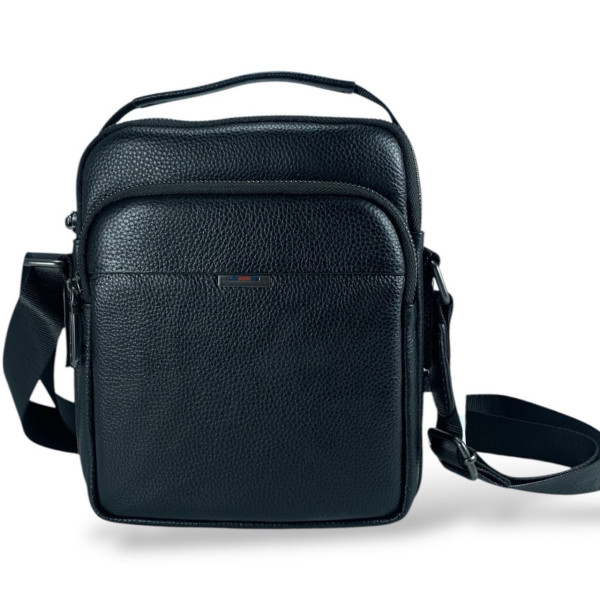 Мужская сумка через плечо из натуральной кожи (черная) на 2 отделения.