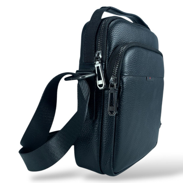 Мужская сумка через плечо из натуральной кожи (черная) на 2 отделения.