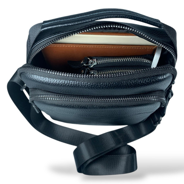 Мужская сумка через плечо из натуральной кожи (черная) на 2 отделения.