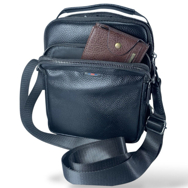 Мужская сумка через плечо из натуральной кожи (черная) на 2 отделения.