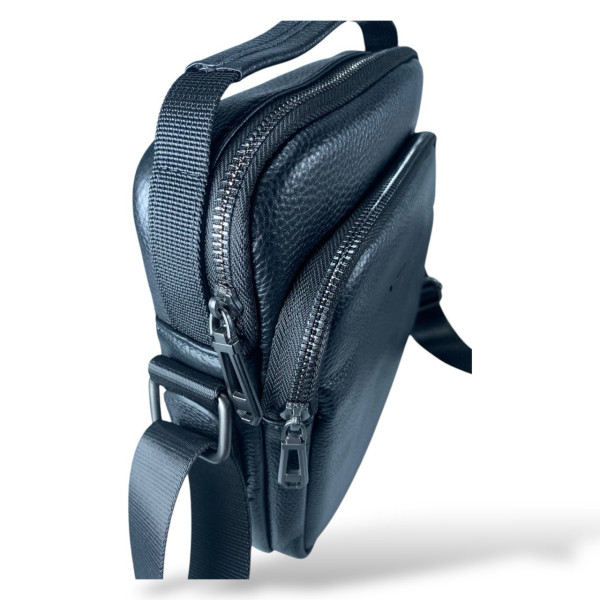 Мужская сумка через плечо из натуральной кожи (черная) на 2 отделения.