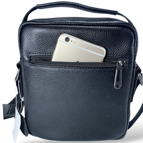 Мужская сумка через плечо из натуральной кожи (черная) на 2 отделения.