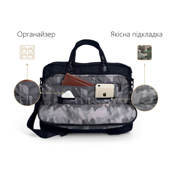 Сумка для ноутбука David Jones з органайзером та знімним ременем, чорна, 42x30x8 см