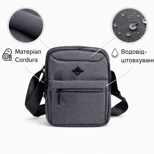Сумка через плече Gorangd, сіра Cordura, 5 відділень, регульований ремінь, 4 л