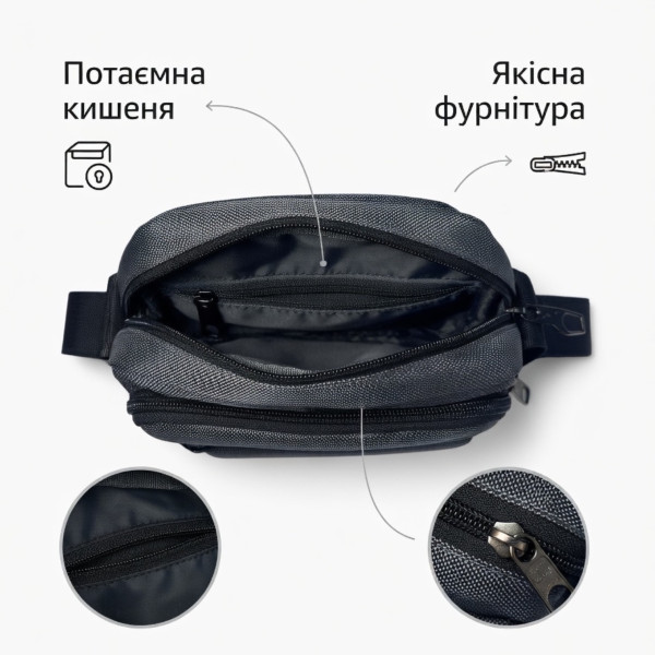 Сумка через плече Gorangd, сіра Cordura, 5 відділень, регульований ремінь, 4 л