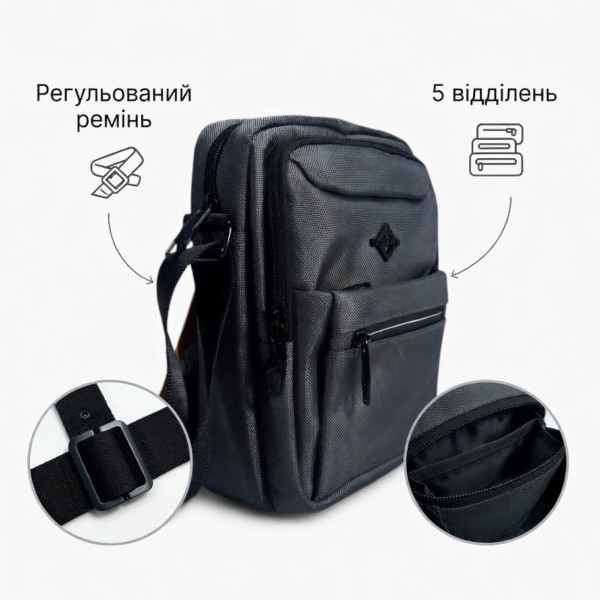 Сумка через плече Gorangd, сіра Cordura, 5 відділень, регульований ремінь, 4 л