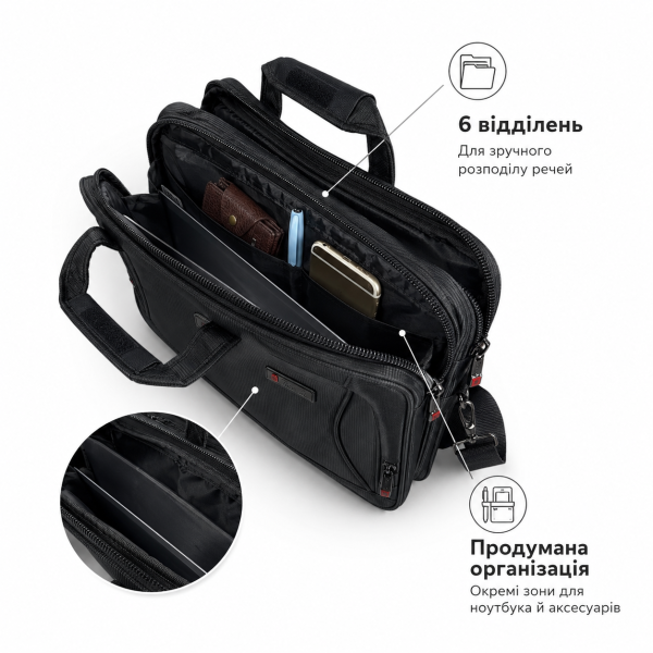 Сумка для ноутбука Leather B1078 чорна з CORDURA з кріпленням на валізу