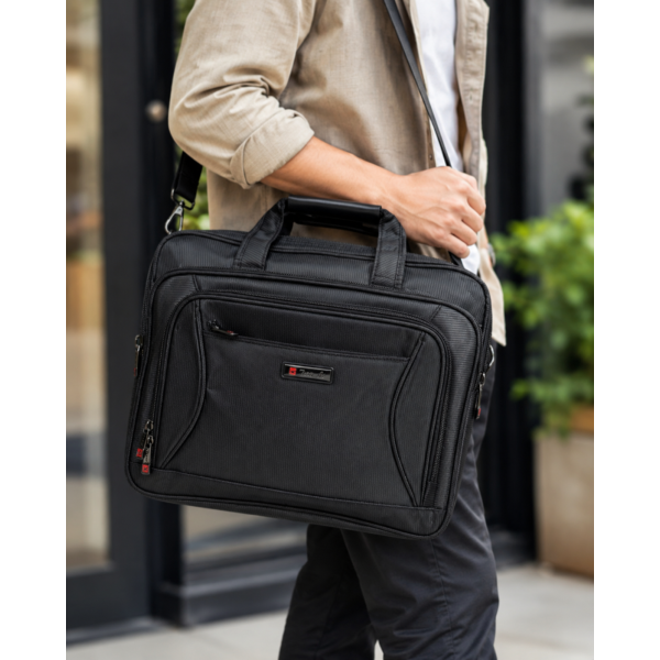 Сумка для ноутбука Leather B1078 чорна з CORDURA з кріпленням на валізу