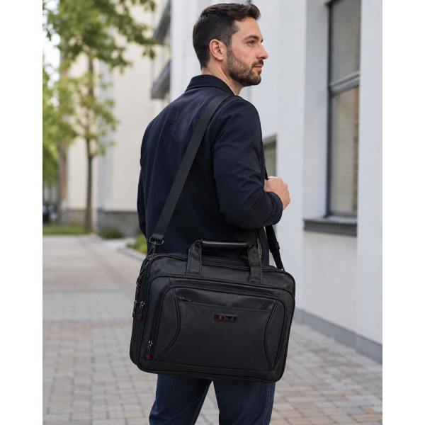 Сумка для ноутбука Leather B1078 чорна з CORDURA з кріпленням на валізу