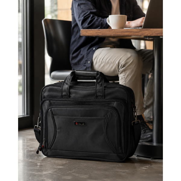 Сумка для ноутбука Leather B1078 чорна з CORDURA з кріпленням на валізу