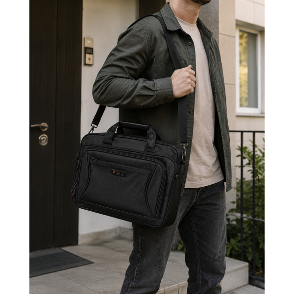 Сумка для ноутбука Leather B1078 чорна з CORDURA з кріпленням на валізу