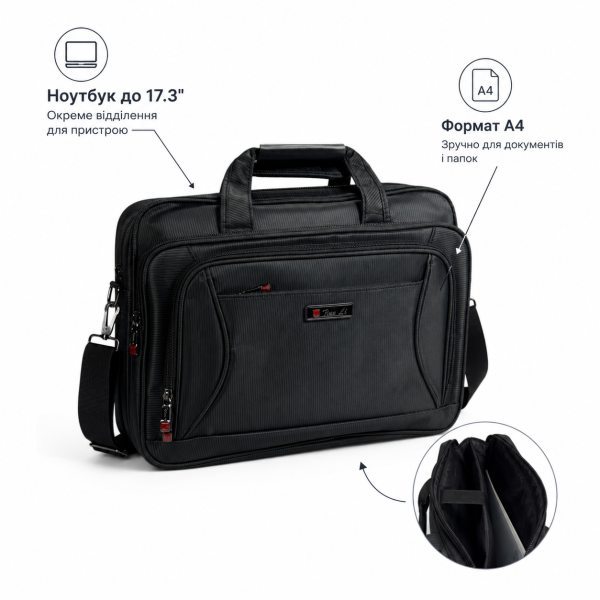 Сумка для ноутбука Leather B1078 чорна з CORDURA з кріпленням на валізу