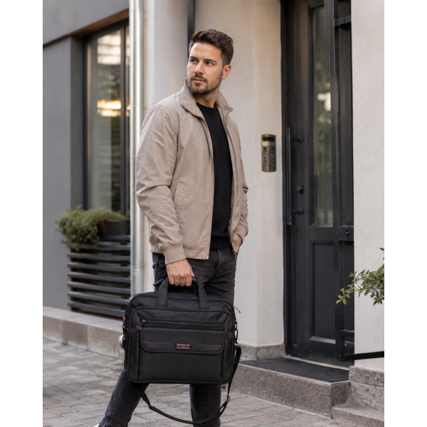Сумка для ноутбука Leather RL1058 чорна з CORDURA з кріпленням на валізу