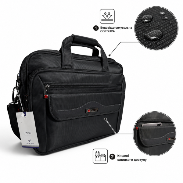Сумка для ноутбука Leather RL1058 чорна з CORDURA з кріпленням на валізу