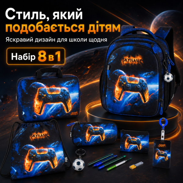Шкільний рюкзак SkyName для хлопчика з ортопедичною спинкою, чорний, з принтом геймпада