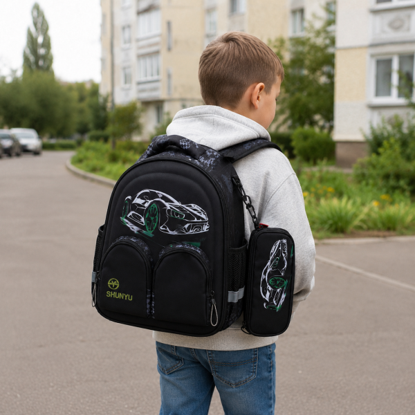 Шкільний рюкзак SHUNYU для хлопчика з ортопедичною спинкою та пеналом, чорний
