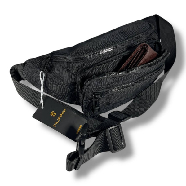 Мужская поясная сумка-бананка, черная, на 2 отделения Мужская поясная сумка-бананка, черная, на 2 отделения