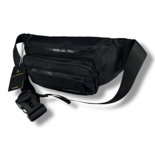 Мужская поясная сумка-бананка, черная, на 2 отделения Мужская поясная сумка-бананка, черная, на 2 отделения