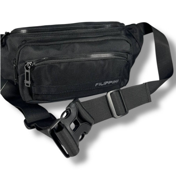 Мужская поясная сумка-бананка, черная, на 2 отделения Мужская поясная сумка-бананка, черная, на 2 отделения