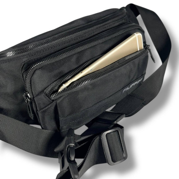 Мужская поясная сумка-бананка, черная, на 2 отделения Мужская поясная сумка-бананка, черная, на 2 отделения