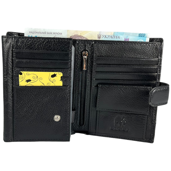 Вертикальний чоловічий гаманець з натуральної шкіри, 3 відділа для купюр, колір чорний