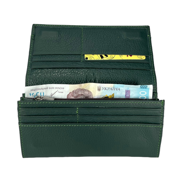 Елегантний жіночий гаманець, шкіряний, зеленого кольору з застібкою на блискавці