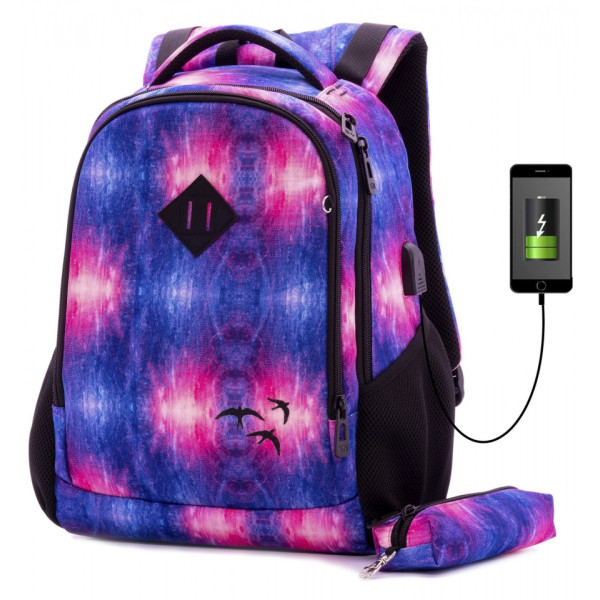 Школьный рюкзак для подростков с USB-слотом, 2 отделения, пенал в комплекте, 17 л Школьный рюкзак для подростков с USB-слотом, 2 отделения, пенал в комплекте, 17 л