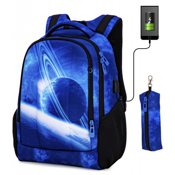 Шкільний рюкзак з USB-слотом для підлітків, на 2 відділення, синій, пенал в комплекті Шкільний рюкзак з USB-слотом для підлітків, на 2 відділення, синій, пенал в комплекті