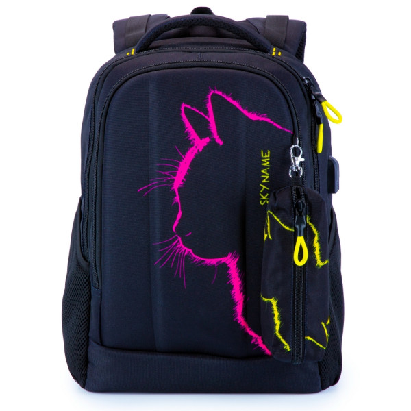 Школьный рюкзак для подростков с USB-слотом, 2 отделения, черный, 16 л, принт Котик, пенал в комплекте Школьный рюкзак для подростков с USB-слотом, 2 отделения, черный, 16 л, принт Котик, пенал в комплекте