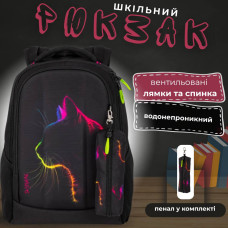 Школьный рюкзак для подростков, 2 отделения, пенал в комплекте, принт Котик, черный