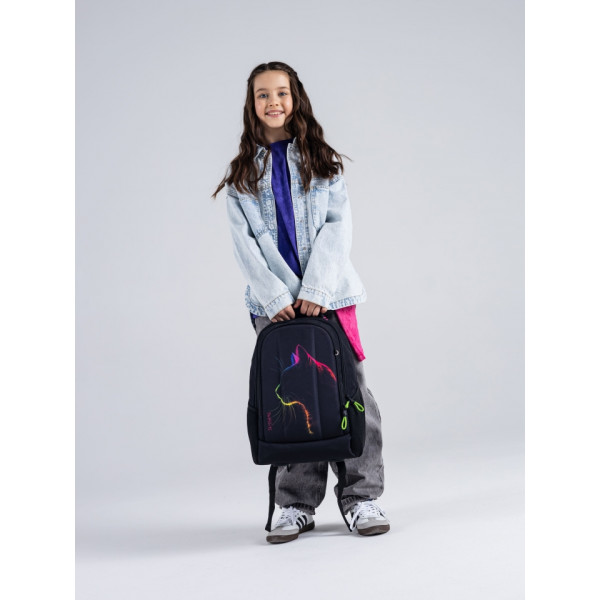 Школьный рюкзак для подростков, 2 отделения, пенал в комплекте, принт Котик, черный Школьный рюкзак для подростков, 2 отделения, пенал в комплекте, принт Котик, черный