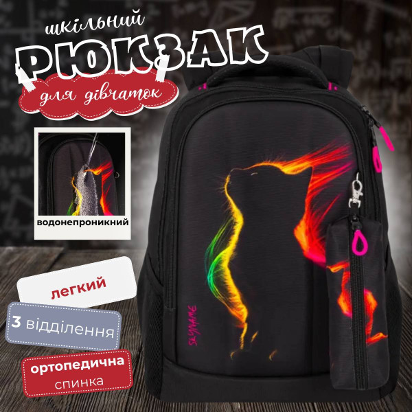 Школьный рюкзак Winner /SkyName для подростков, пенал в комплекте, принт Котик, черный