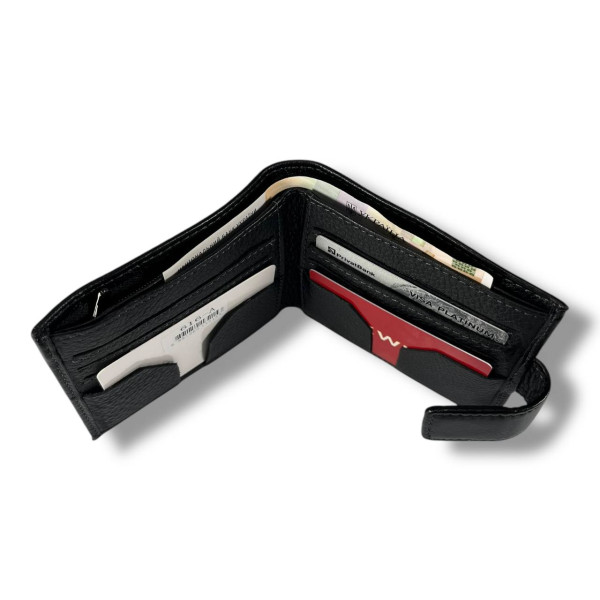 Мужской кошелек из натуральной кожи на магнитной застежке, черный (12×10 см)