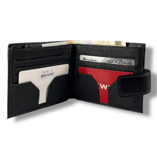 Мужской кошелек из натуральной кожи на магнитной застежке, черный (12×10 см)