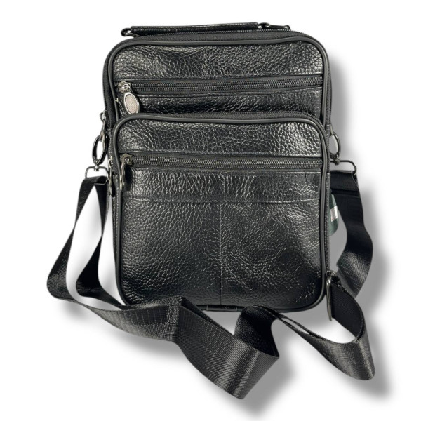 Кожаная сумка через плечо, одно отделение, три фронтальных кармана, черная