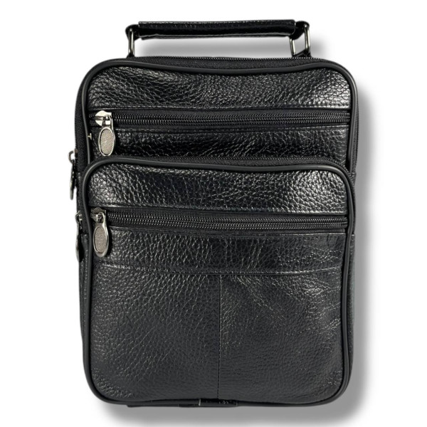 Кожаная сумка через плечо, одно отделение, три фронтальных кармана, черная Кожаная сумка через плечо, одно отделение, три фронтальных кармана, черная