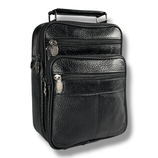 Кожаная сумка через плечо, одно отделение, три фронтальных кармана, черная Кожаная сумка через плечо, одно отделение, три фронтальных кармана, черная