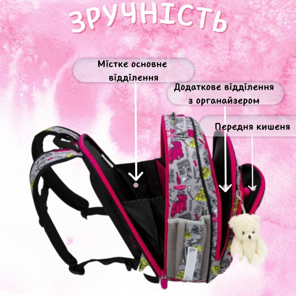 Школьный рюкзак Sky Name (Winner) для девочек 1-4 класс, водоотталкивающая ткань, серый с розовым Школьный рюкзак Sky Name (Winner) для девочек 1-4 класс, водоотталкивающая ткань, серый с розовым