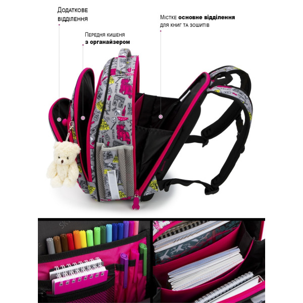 Школьный рюкзак Sky Name (Winner) для девочек 1-4 класс, водоотталкивающая ткань, серый с розовым Школьный рюкзак Sky Name (Winner) для девочек 1-4 класс, водоотталкивающая ткань, серый с розовым