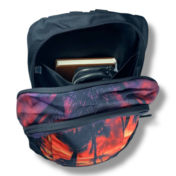 Міський рюкзак водовідштовхувальний чорний з принтом пальми є відділення для ноутбука (до 15.4")