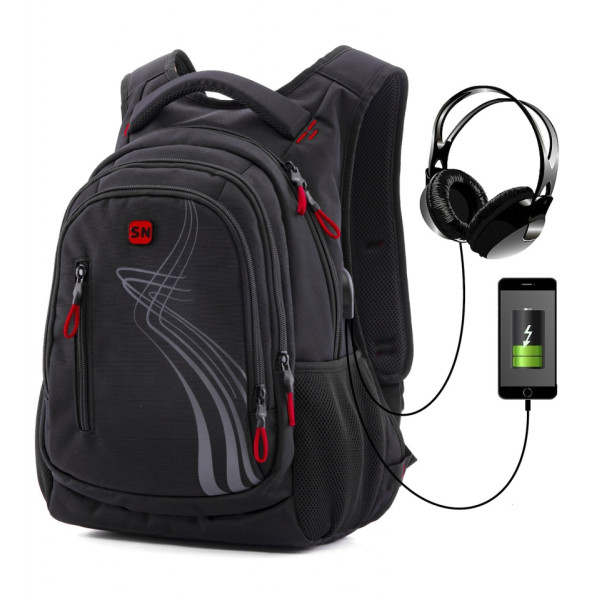 Шкільний рюкзак Winner/SkyName з USB-слотом для підлітків, чорний з червоним Шкільний рюкзак Winner/SkyName з USB-слотом для підлітків, чорний з червоним