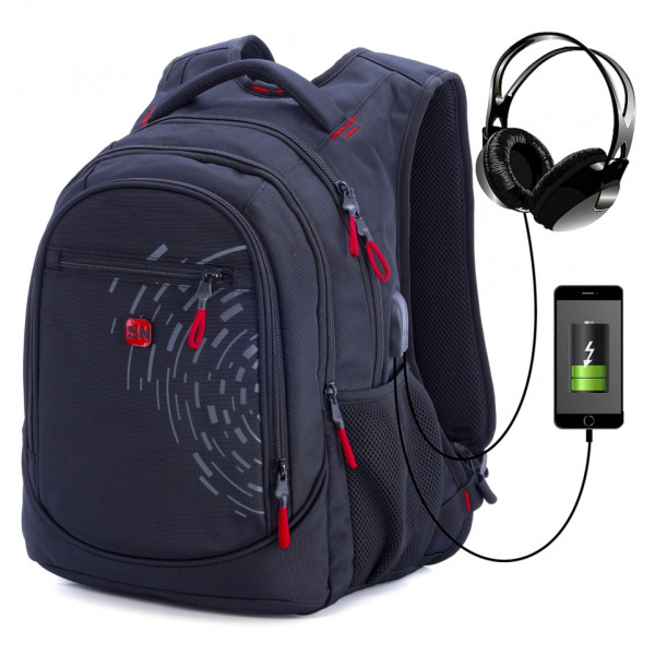 Шкільний рюкзак Winner/SkyName з USB-слотом для підлітків, чорний з червоним, на 3 відділення Шкільний рюкзак Winner/SkyName з USB-слотом для підлітків, чорний з червоним, на 3 відділення