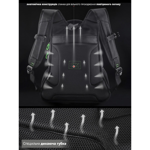 Шкільний рюкзак Winner/SkyName з USB-слотом для підлітків, чорний з зеленим, на 3 відділення Шкільний рюкзак Winner/SkyName з USB-слотом для підлітків, чорний з зеленим, на 3 відділення