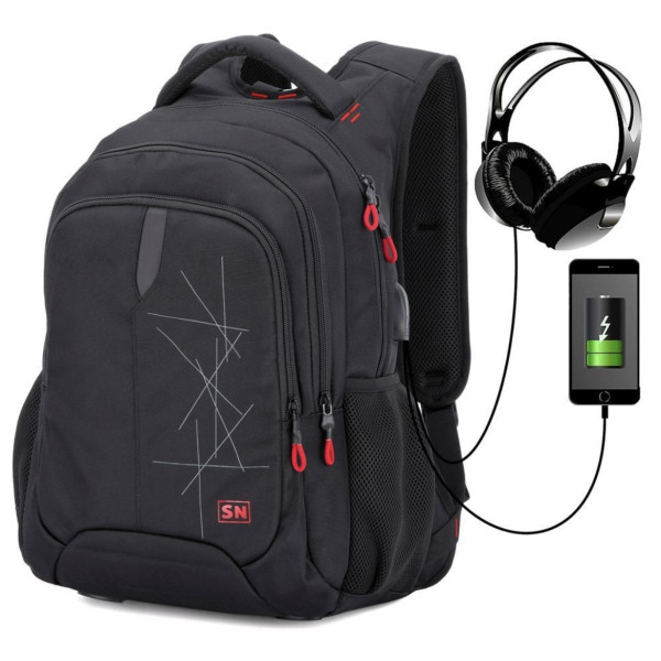 Шкільний рюкзак Winner/SkyName з USB-слотом для підлітків, чорний з червоним, 30 л Шкільний рюкзак Winner/SkyName з USB-слотом для підлітків, чорний з червоним, 30 л