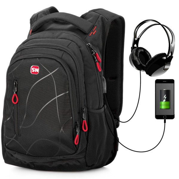 Чорний шкільний рюкзак з USB-слотом для підлітків, водонепроникний, 30 л Чорний шкільний рюкзак з USB-слотом для підлітків, водонепроникний, 30 л