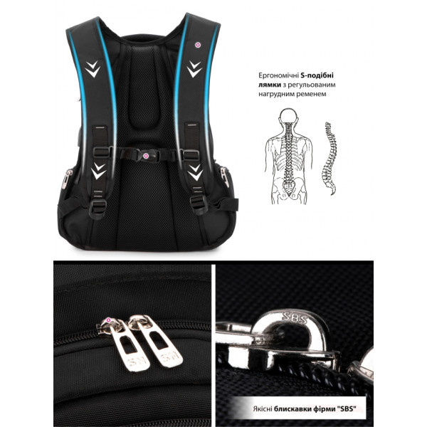 Шкільний рюкзак з USB-слотом для підлітків, зручний та місткий, на 2 відділення, чорний Шкільний рюкзак з USB-слотом для підлітків, зручний та місткий, на 2 відділення, чорний