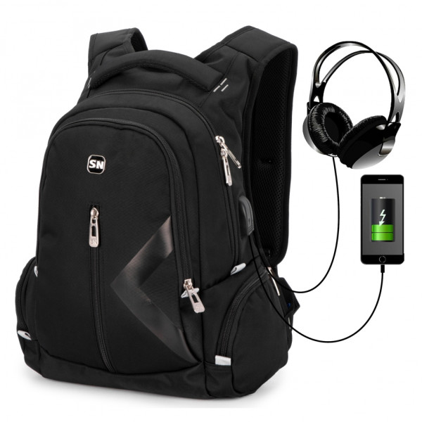 Шкільний рюкзак з USB-слотом для підлітків, зручний та місткий, на 2 відділення, чорний Шкільний рюкзак з USB-слотом для підлітків, зручний та місткий, на 2 відділення, чорний