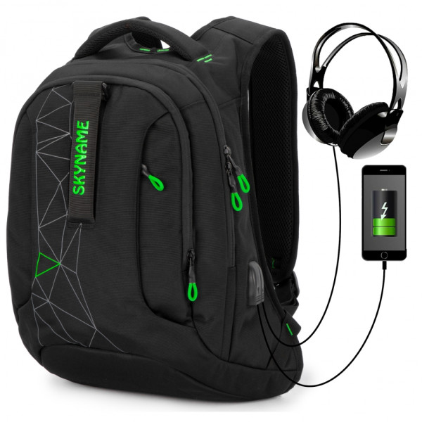 Школьный рюкзак с подростковым USB-слотом, удобный и вместительный, на 2 отделения, черный с зеленым, 22 л Школьный рюкзак с подростковым USB-слотом, удобный и вместительный, на 2 отделения, черный с зеленым, 22 л