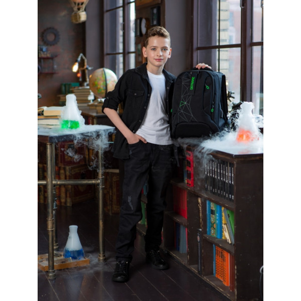 Школьный рюкзак с подростковым USB-слотом, удобный и вместительный, на 2 отделения, черный с зеленым, 22 л Школьный рюкзак с подростковым USB-слотом, удобный и вместительный, на 2 отделения, черный с зеленым, 22 л