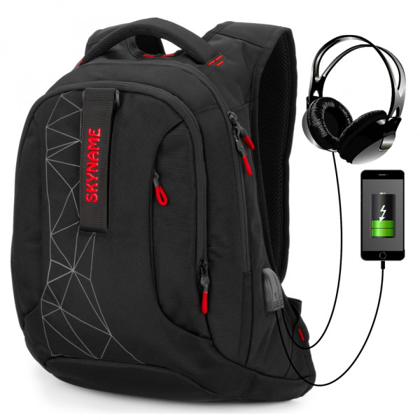 Школьный рюкзак с подростковым USB-слотом, удобный и вместительный, на 2 отделения, черный с красным, 22 л Школьный рюкзак с подростковым USB-слотом, удобный и вместительный, на 2 отделения, черный с красным, 22 л